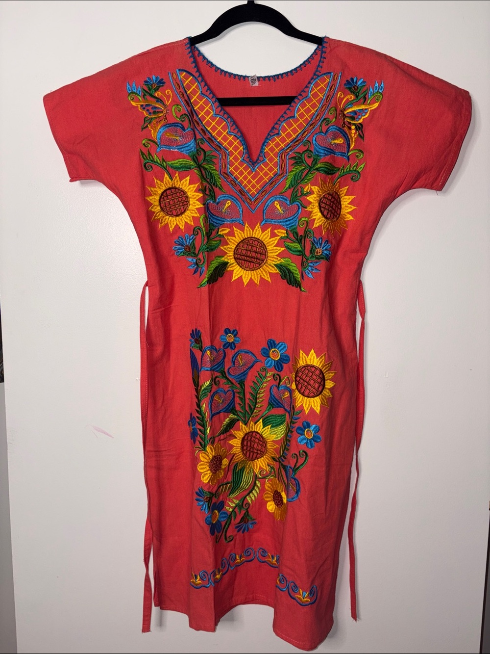 Embroidered Red Sunflower Mexican Dress